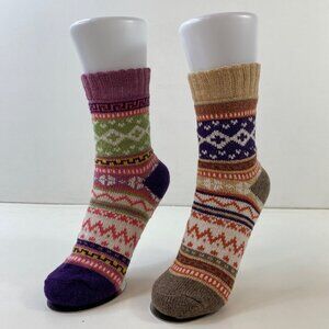 Womens Colorful Fair Isle Patterned Crew Socks 2 Pack Striped Purple Beige